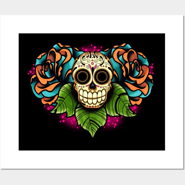 Sugar Skull and Roses - Dia de los Muertos Calavera - Day of the Dead Skull Wall Art by prettyinink